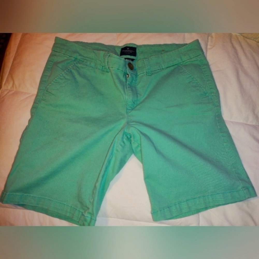 American  Eagle Stretch Bermuda jean shorts, mint green, size 12.  5 pockets.